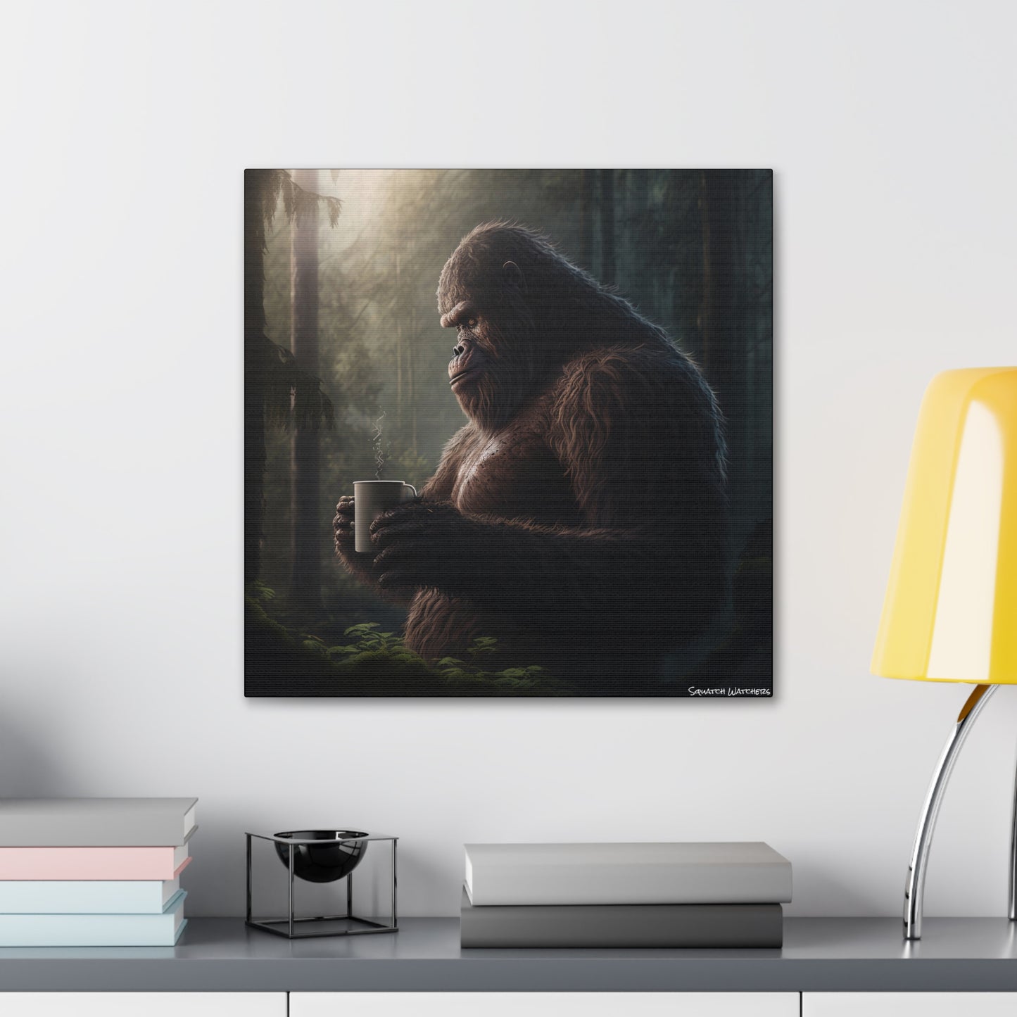 Bigfoot & Coffee, Bigfoot Canvas Wall Art, Canvas Photo Print, Bigfoot Photo Print, Funny Wall Art. Cryptozoology, Cryptid Art, Bigfoot Gift