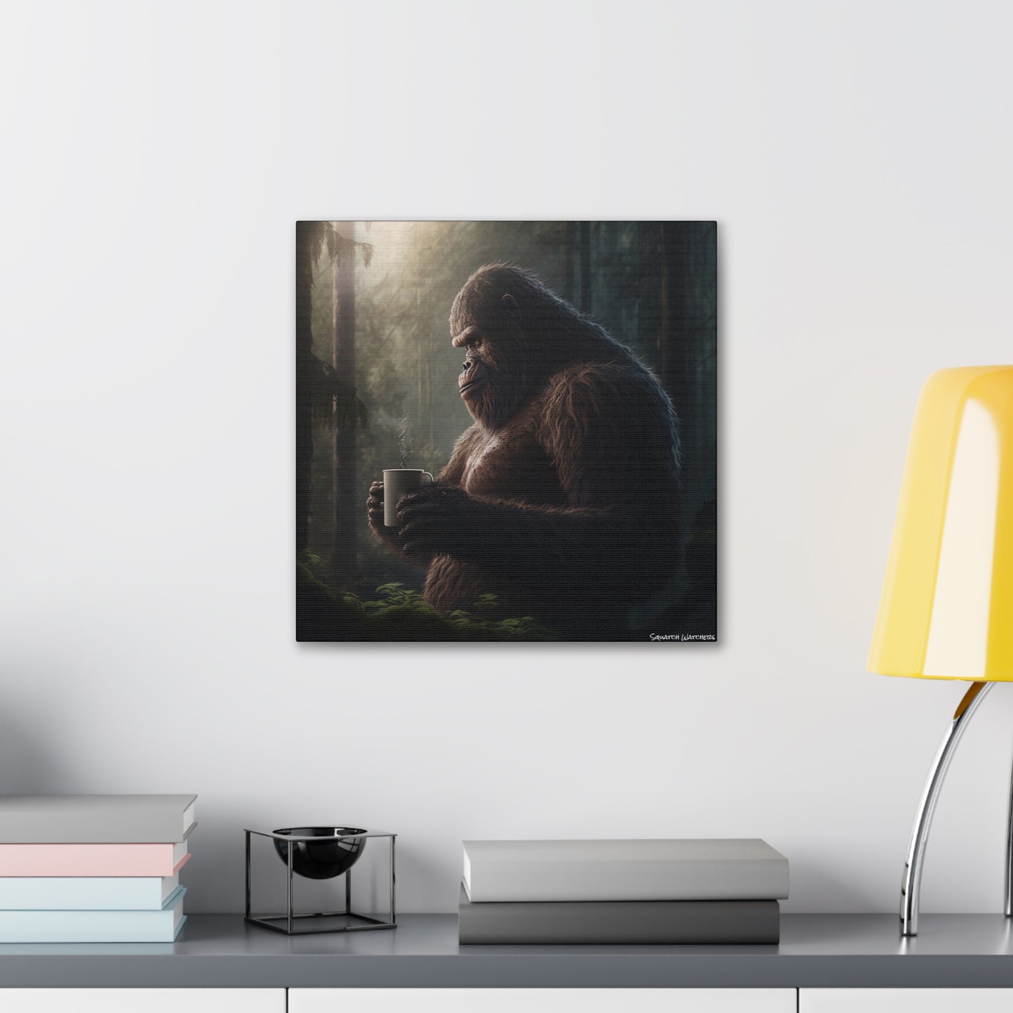 Bigfoot & Coffee, Bigfoot Canvas Wall Art, Canvas Photo Print, Bigfoot Photo Print, Funny Wall Art. Cryptozoology, Cryptid Art, Bigfoot Gift