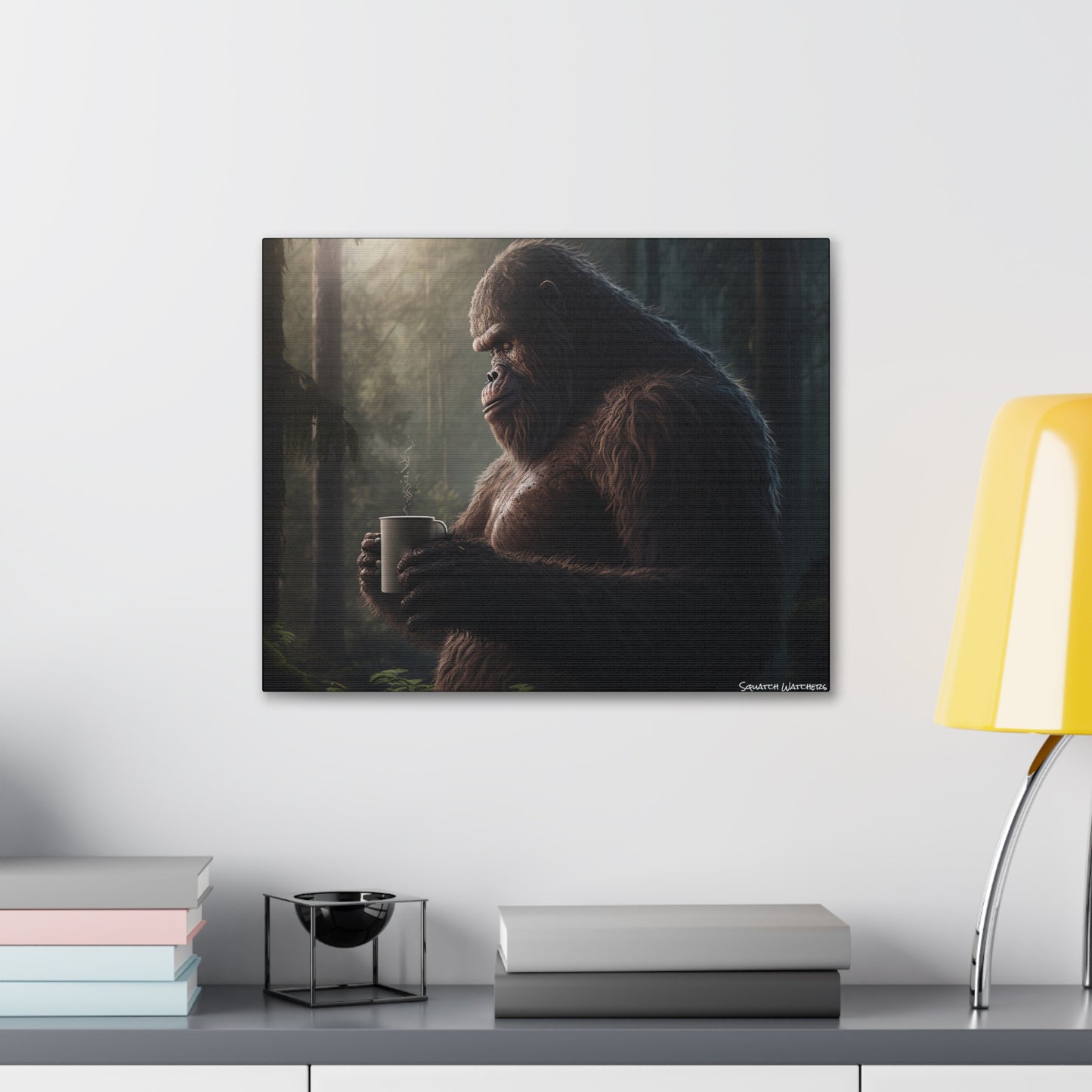 Bigfoot & Coffee, Bigfoot Canvas Wall Art, Canvas Photo Print, Bigfoot Photo Print, Funny Wall Art. Cryptozoology, Cryptid Art, Bigfoot Gift