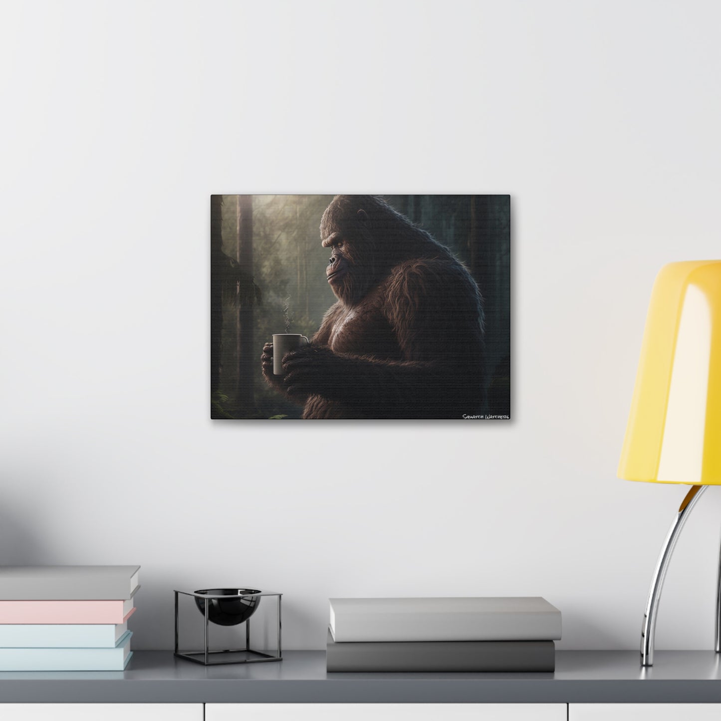 Bigfoot & Coffee, Bigfoot Canvas Wall Art, Canvas Photo Print, Bigfoot Photo Print, Funny Wall Art. Cryptozoology, Cryptid Art, Bigfoot Gift